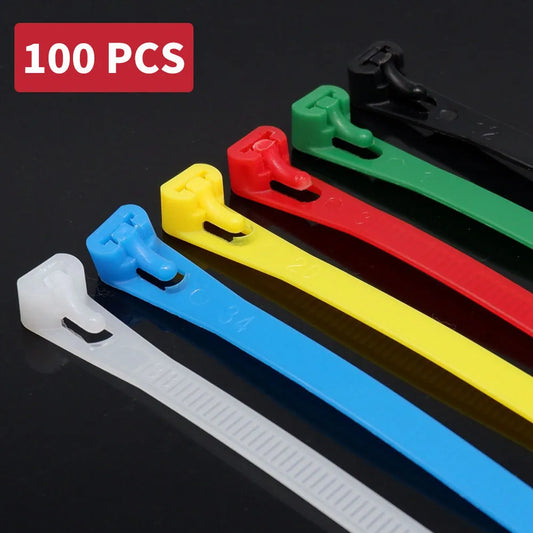 100 PCS Reusable Plastic Nylon Cable Ties Detachable Zipper Cable Ties Binding Straps Black White Red Yellow Green Garden Tie