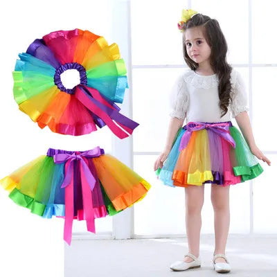1-8 Years Old Cute Dancing Party Multicolor Fluffy Rainbow Dress Rainbow Tutu Pettiskirt Chiffon Skirt